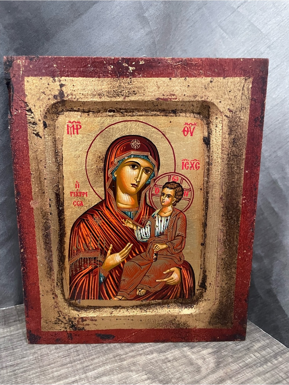 Hand Painted Byzantine Wooden Icon Virgin Mary Panagia Giatrissa Egg Tempera Gol